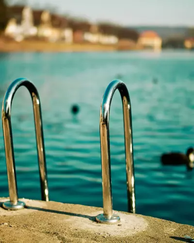Im Zentrum eine Trittleiter aus verchromtem Stahl die vom betonierten, bräunlich schimmernden Steg aus zum blaugrünlich wirkenden Wasser des Neckars herunterreicht.