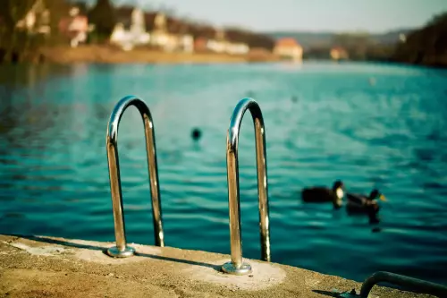 Im Zentrum eine Trittleiter aus verchromtem Stahl die vom betonierten, bräunlich schimmernden Steg aus zum blaugrünlich wirkenden Wasser des Neckars herunterreicht.