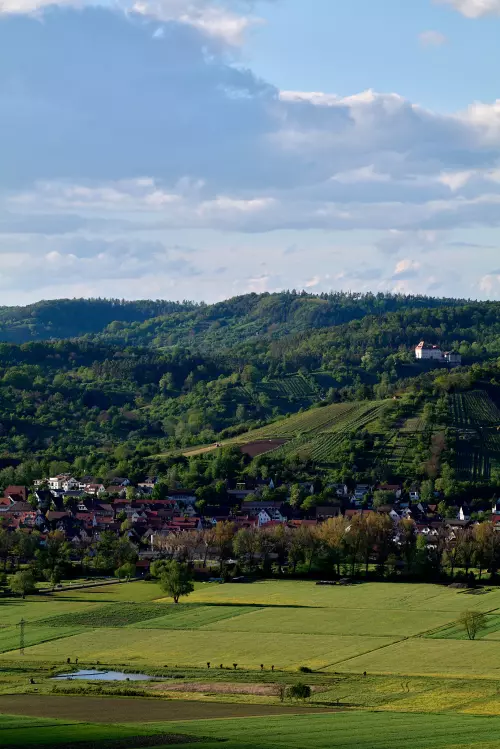 Entfernter Blick vom Spitzberg in Richtung Nordwesten nach Unterjesingen und oberhalb davon auf das Schloss Roseck.