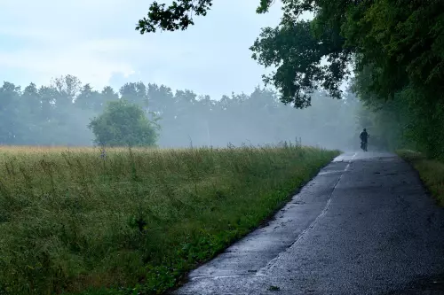 Radfahrer auf asphaltiertem Weg durch ein Naherholungsgebiet in Bad Schönborn. Die Wiesen sind taunass und am Waldrand schwindet langsam der morgendliche Dunst.
