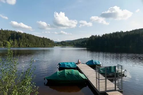 Blick auf einen See im Schwarzwald und einen Bootssteg, an dessen Rand abgedeckte Boote befestigt sind und an dessen Ende ein älterer Mann sitzt.
